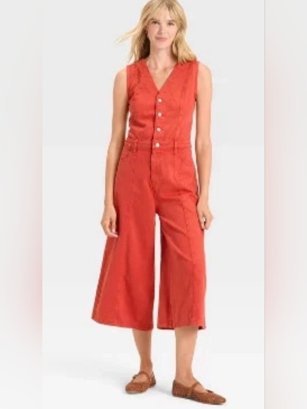 UNIVERSAL THREAD Sleeveless Button-Front Wide-Leg Denim Jumpsuit in Red